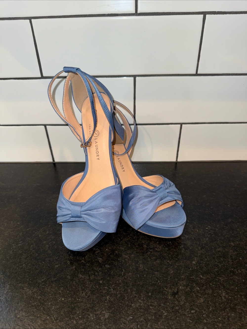 Laundry By Shelli Segal Light Blue Satin Bow Peep-Toe Heels with Ankle Straps